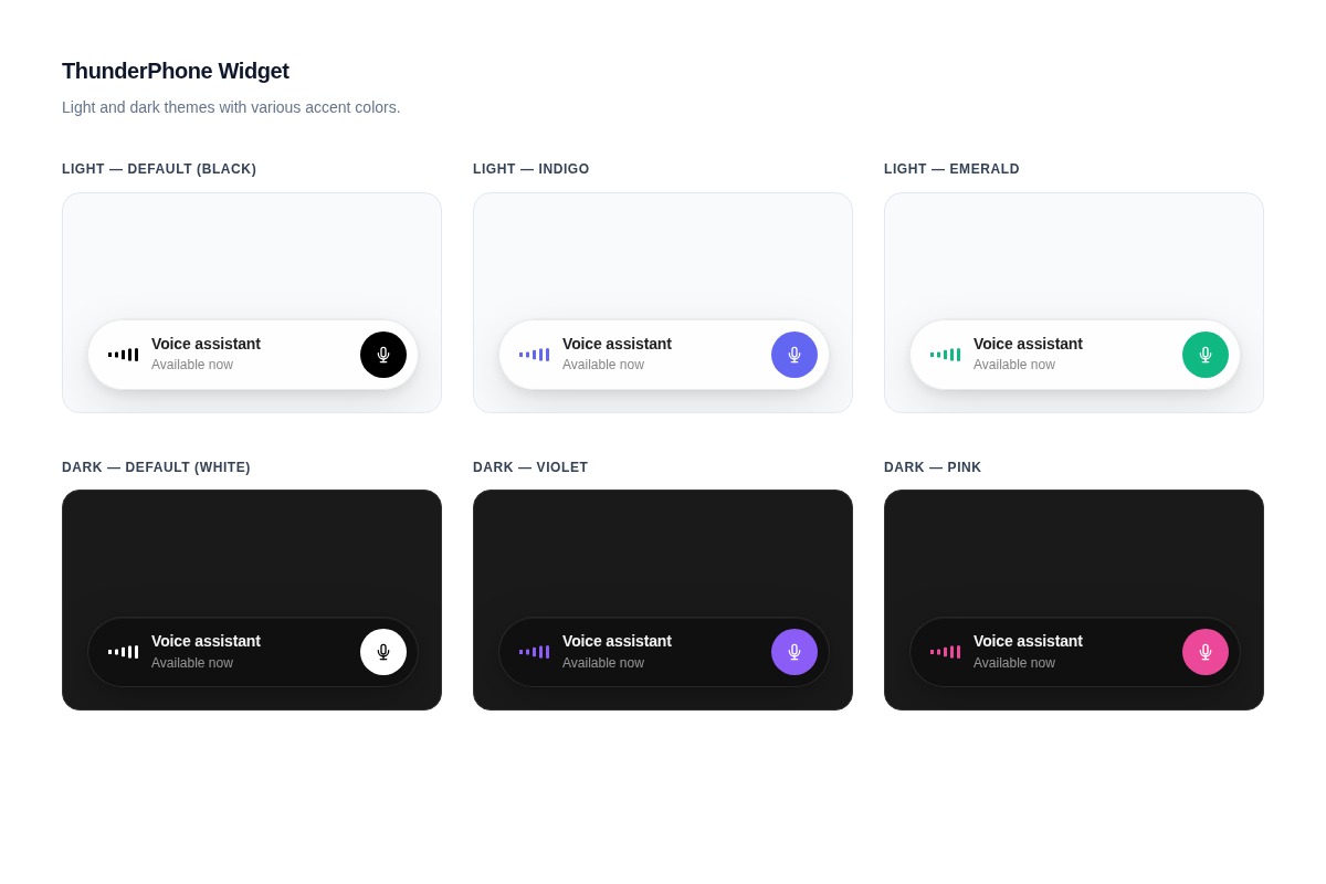 ThunderPhone widget világos és sötét témákban, különböző kiemelőszínekkel